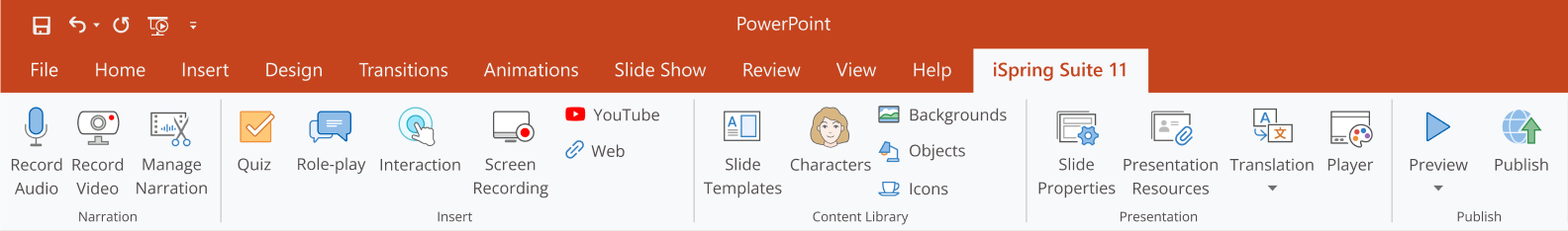 The iSpring Suite tab in PowerPoint