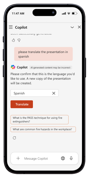 Translating the presentation with AI in Copilot