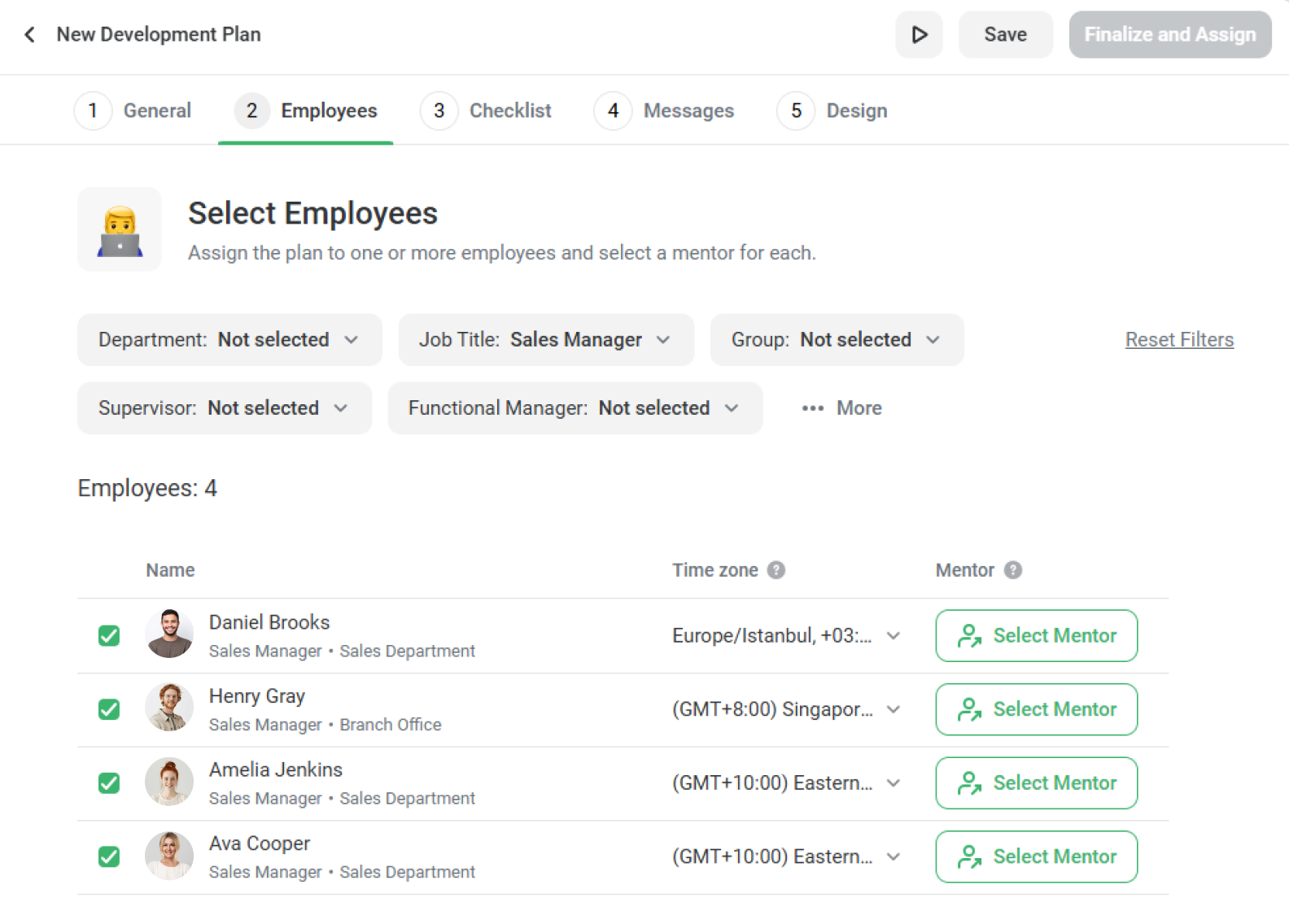 Use the Employees tab to select staff and their mentors 