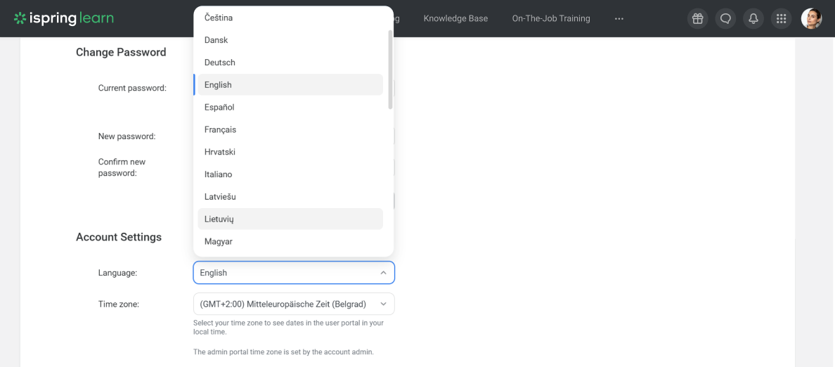 iSpring Learn interface in Lithuanian
