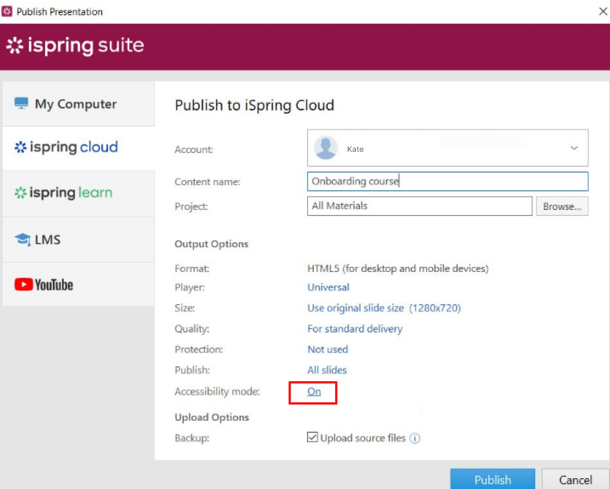 Turning on the iSpring Suite Accessibility Mode