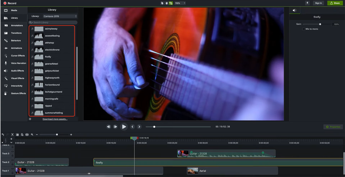 Music and sound effects library in Camtasia