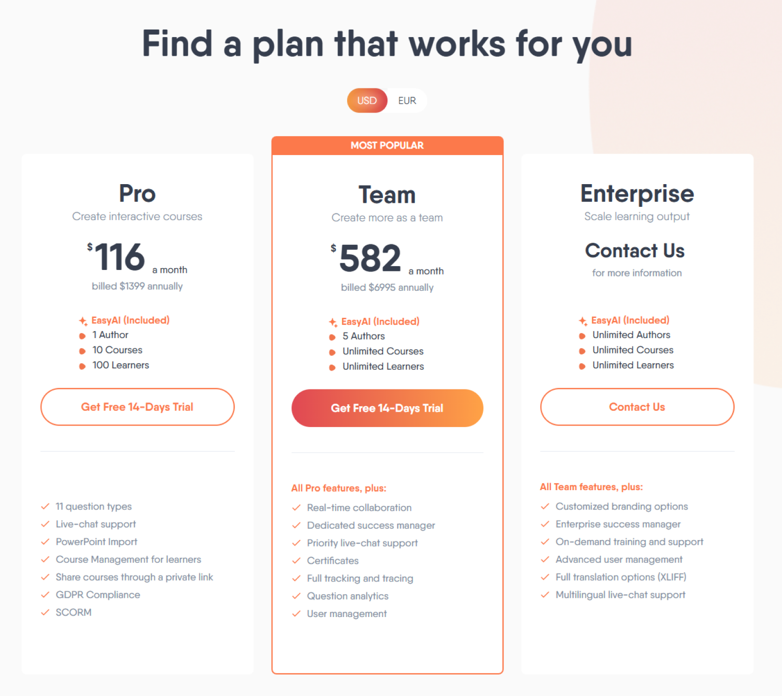 Easygenerator pricing plans
