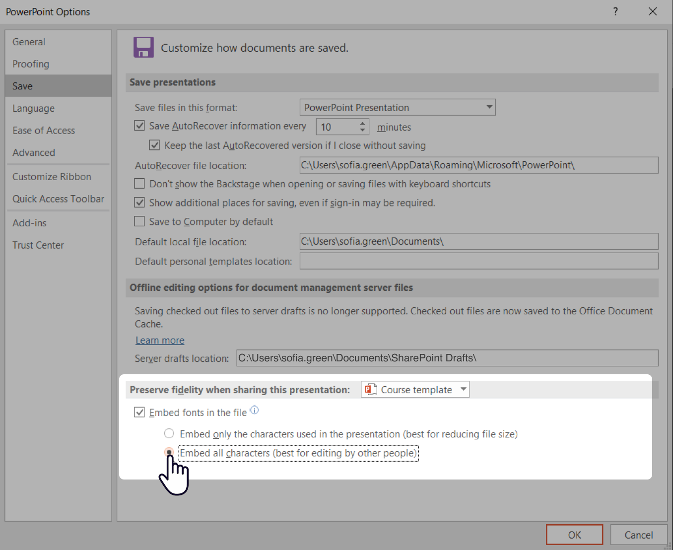 “Embed fonts in the file” option in PPT