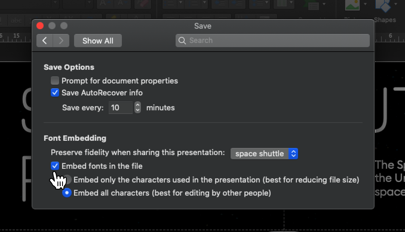 “Embed fonts in the file” option in PPT in MacOS