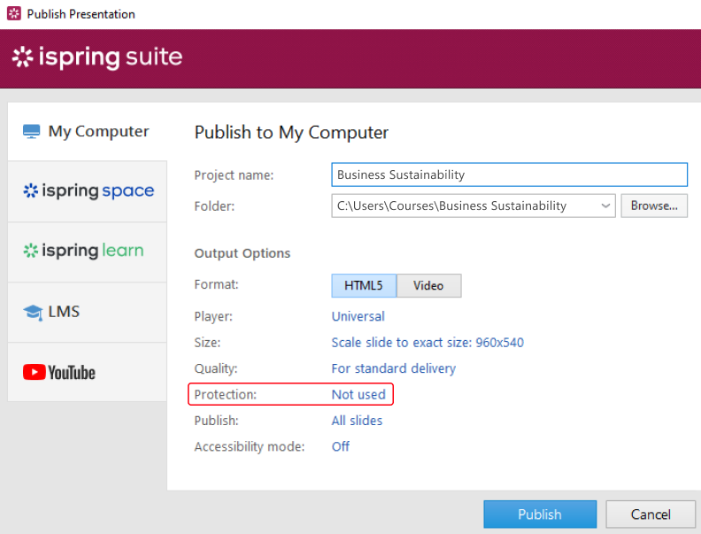 Publishing a presentation in iSpring Suite