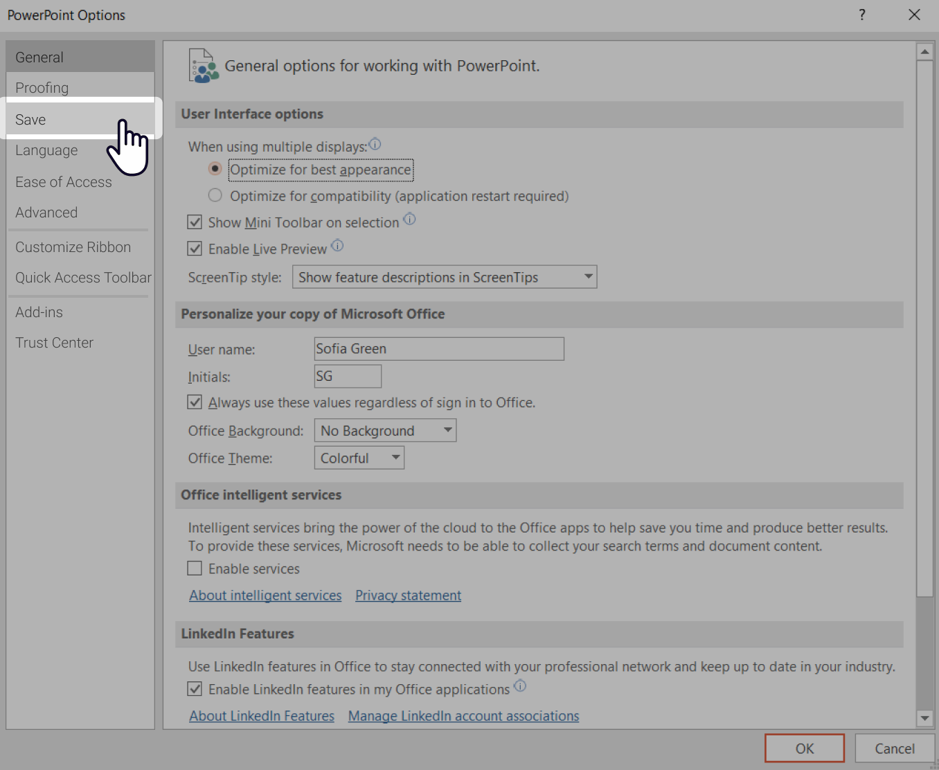 Save button in PowerPoint options