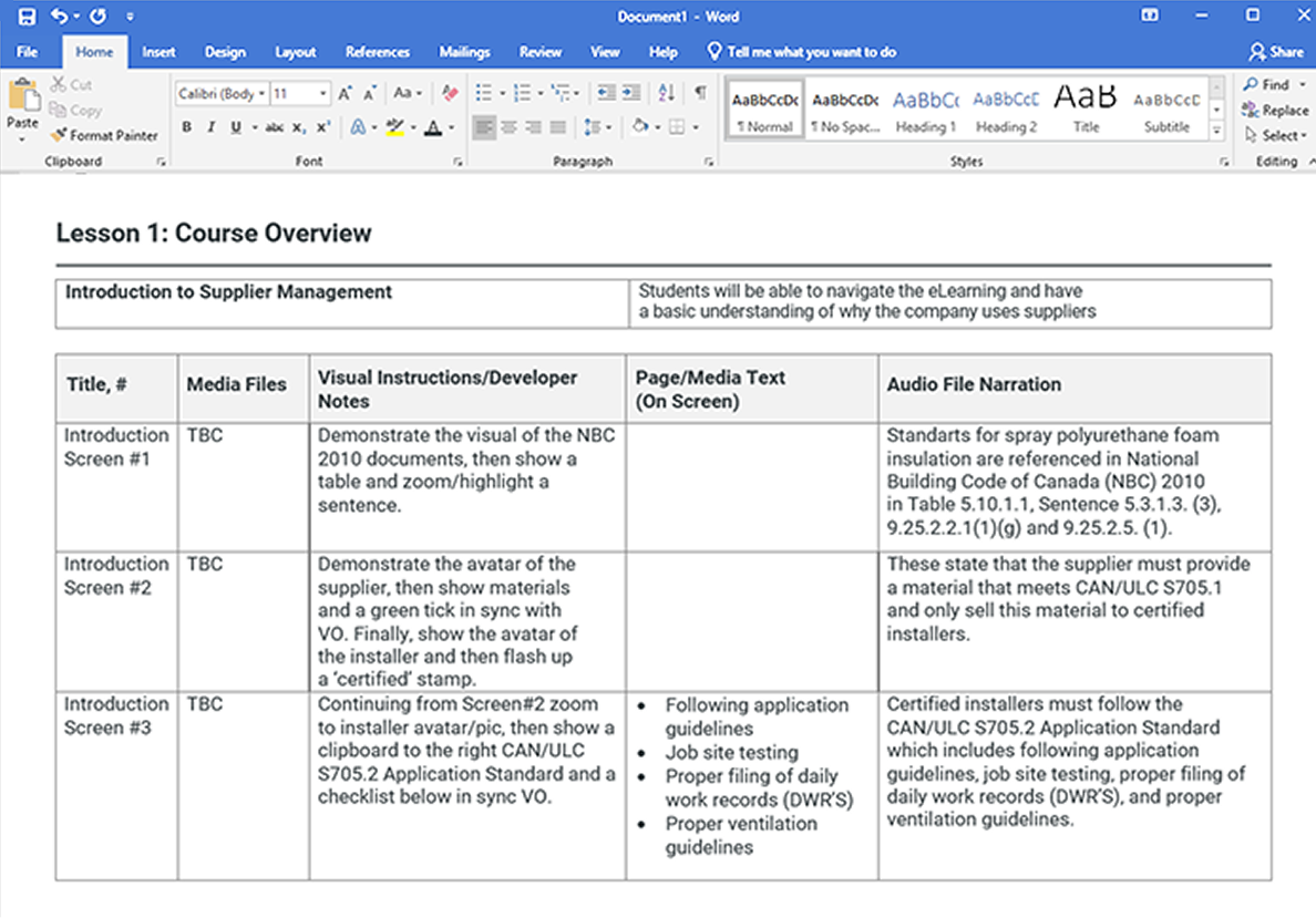 An example of a textual storyboard made in Microsoft Word