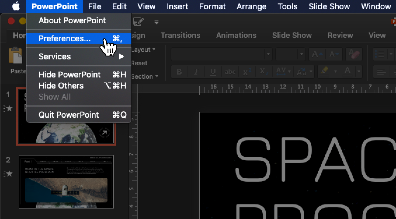 Preferences option in PowerPoint menu in MacOS