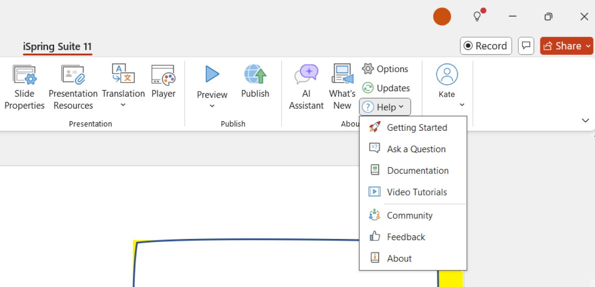 iSpring Suite product learning and support options in PowerPoint