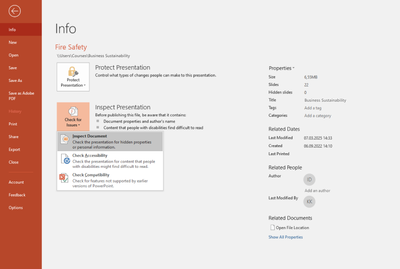 Remove hidden data with Document Inspector