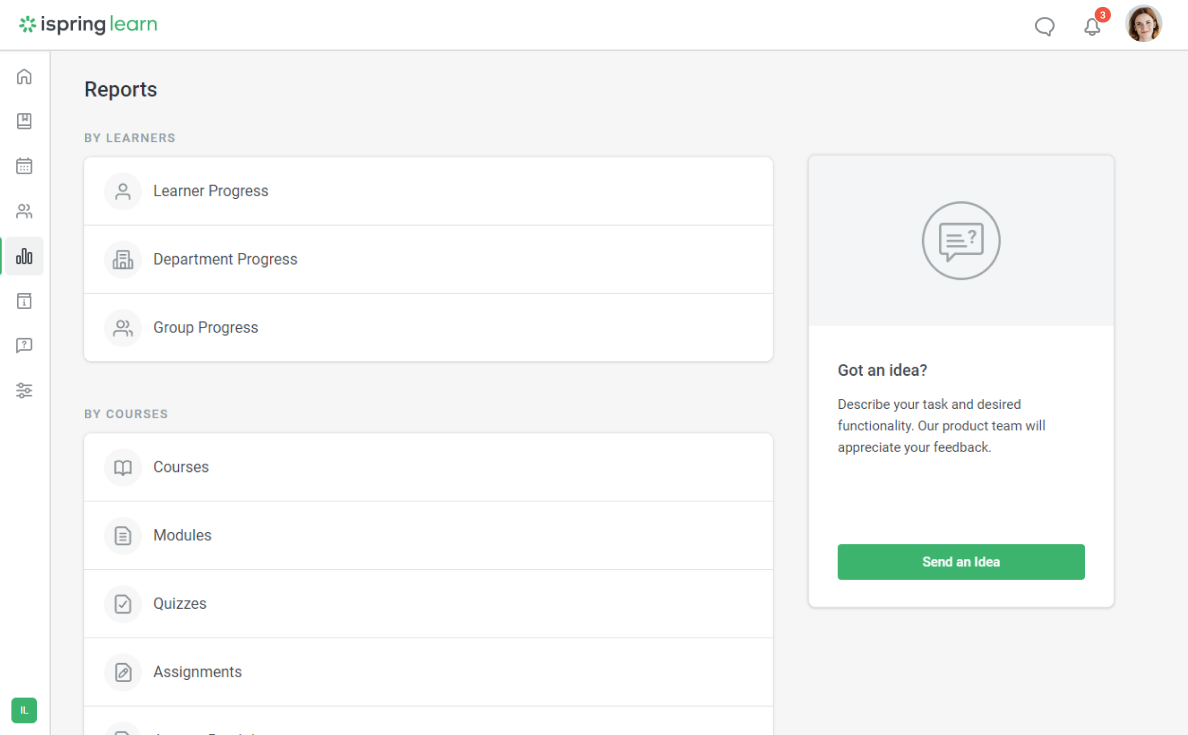Training tracking report options in iSpring Learn