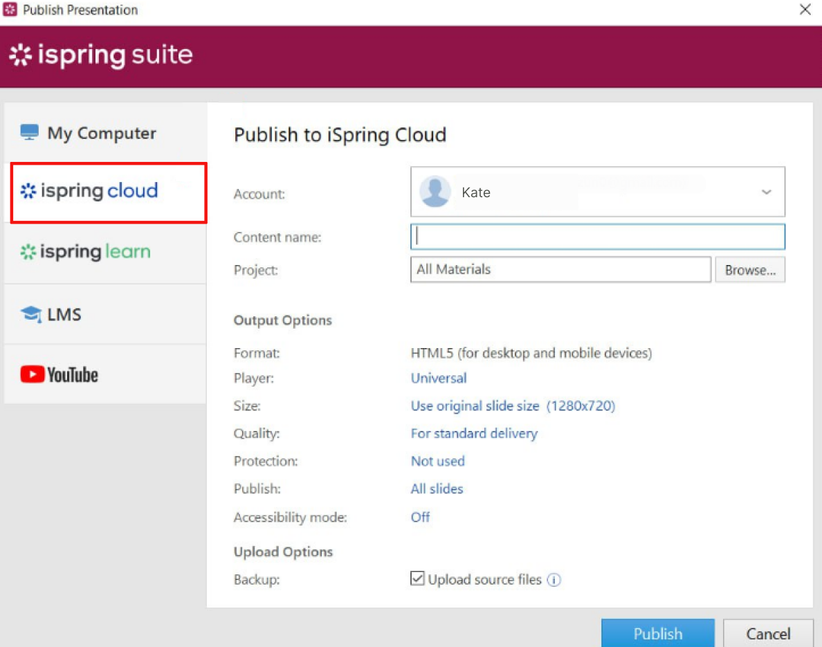 Publishing a course from iSpring Suite to iSpring Cloud for review