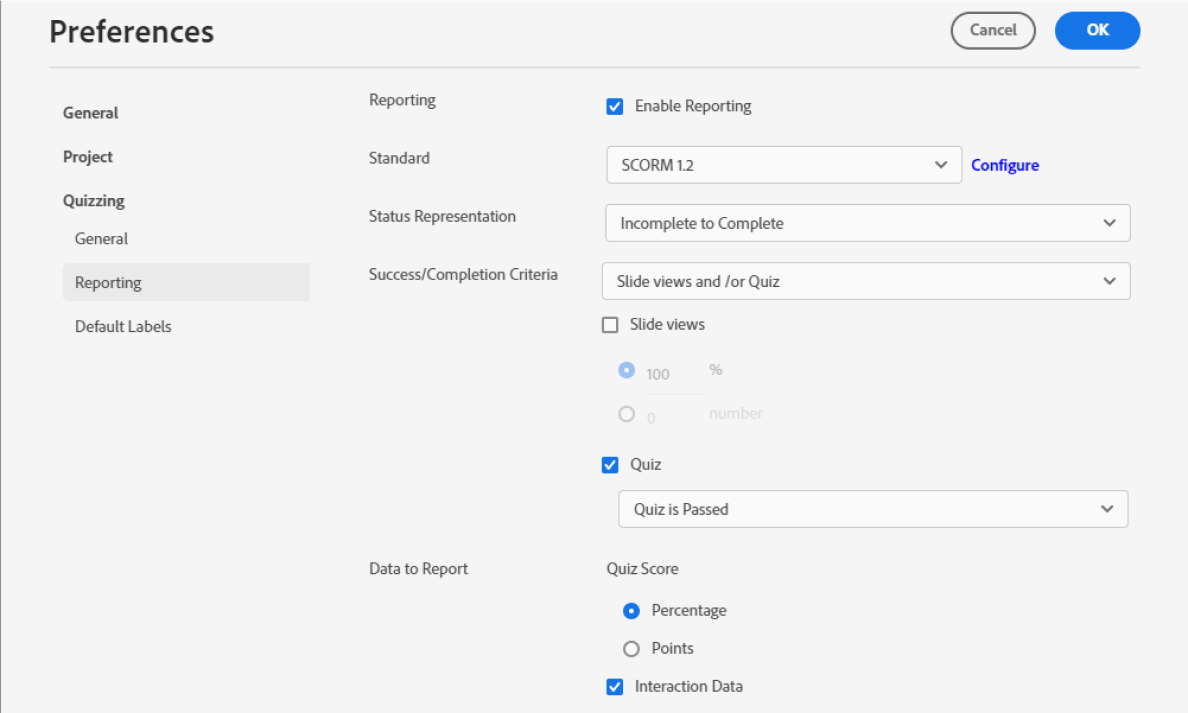 Setting up the standard for publishing in your LMS in Adobe Captivate