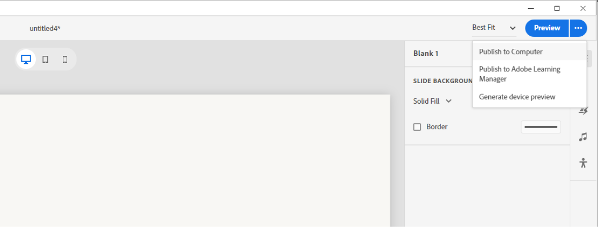 Adobe Captivate publishing options panel