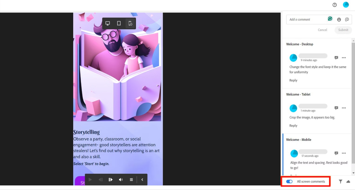 Adobe Captivate's review mode with comments