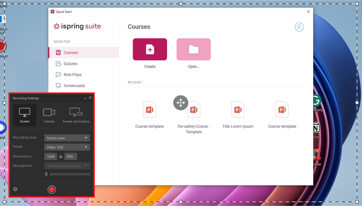 Recording screencast in iSpring Suite