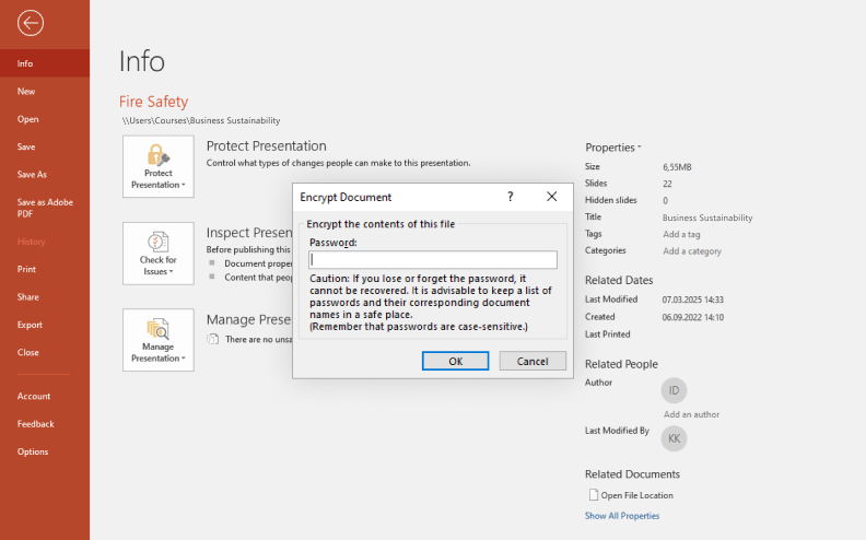 Protection of PPT slides with a password