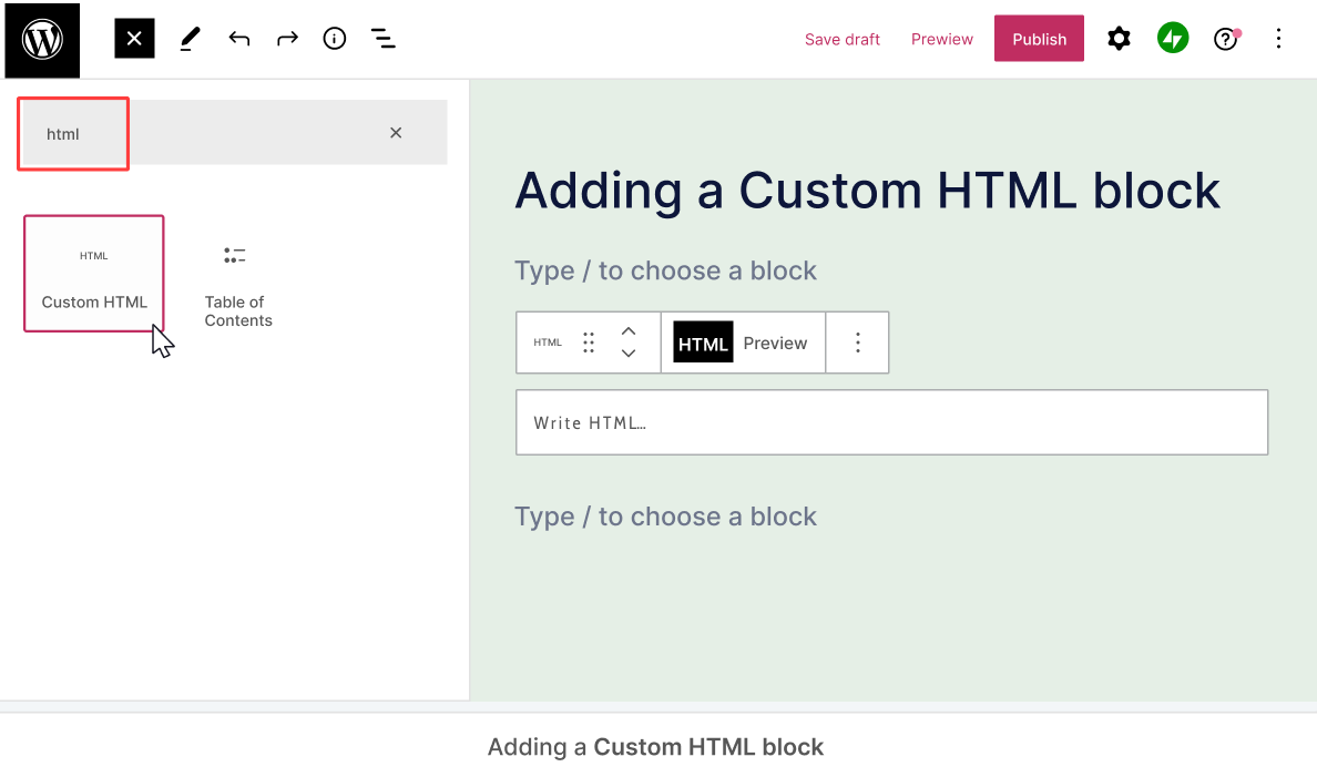 Adding a custom HTML block