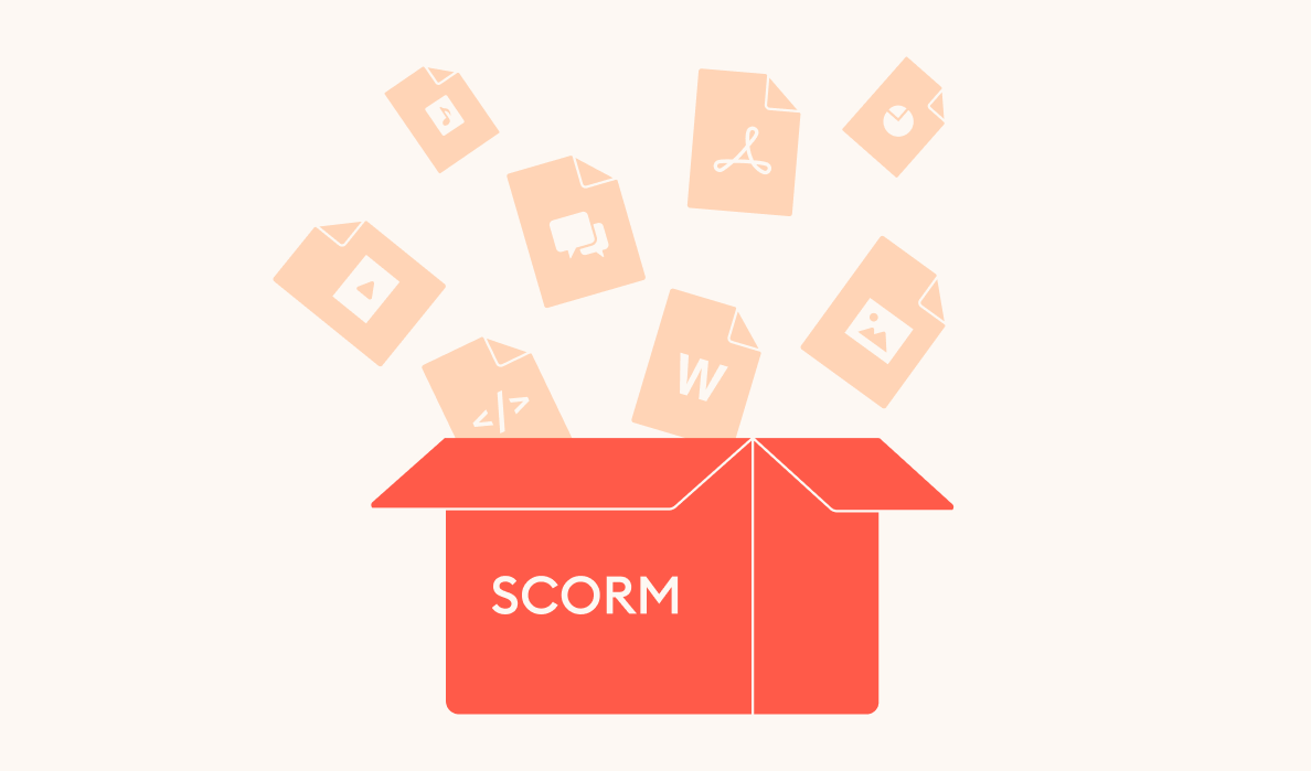 An illustration showing a SCORM package as a box containing a variety of content elements