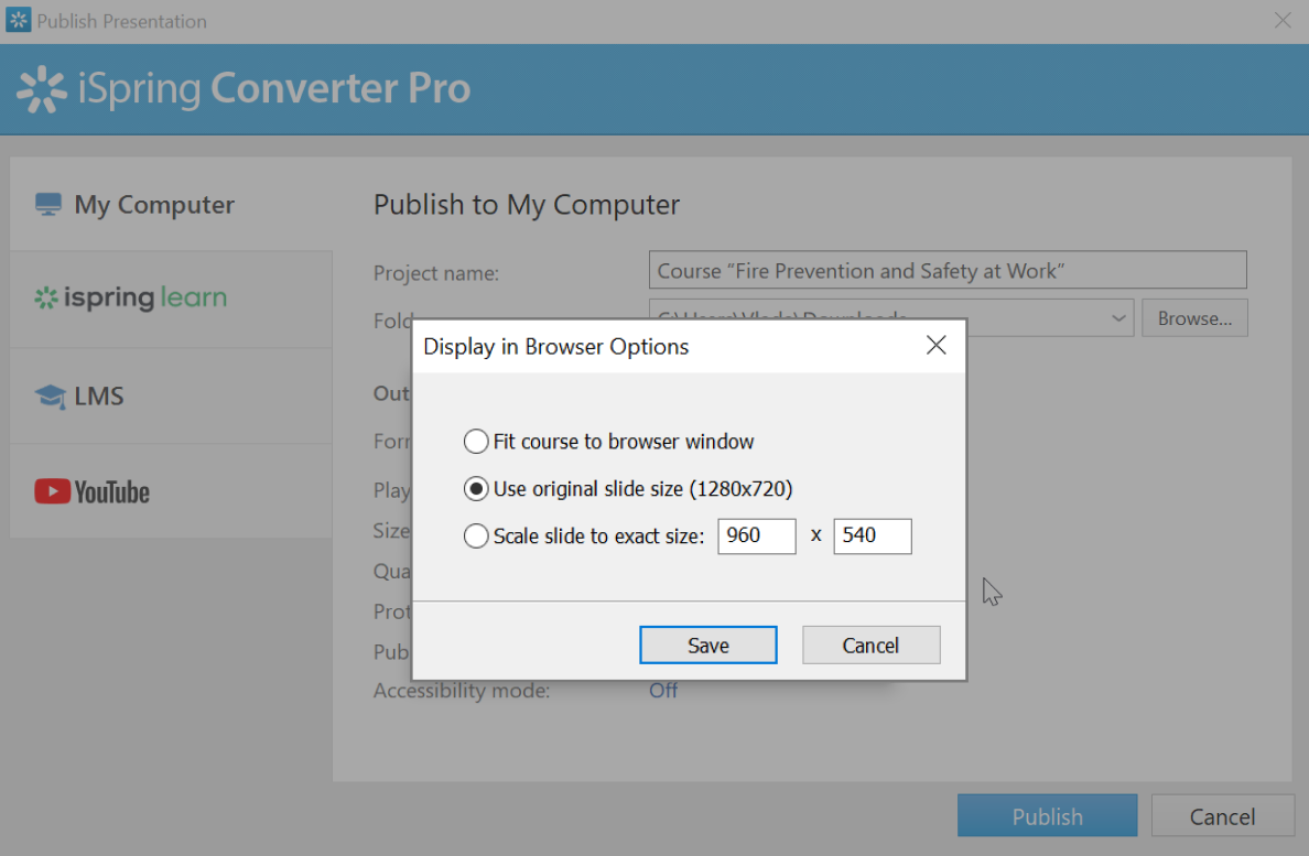 Size settings in iSpring Converter when publishing PowerPoint as HTML5