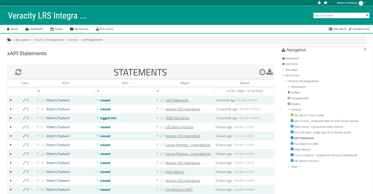 xAPI statements as displayed in Veracity LRS