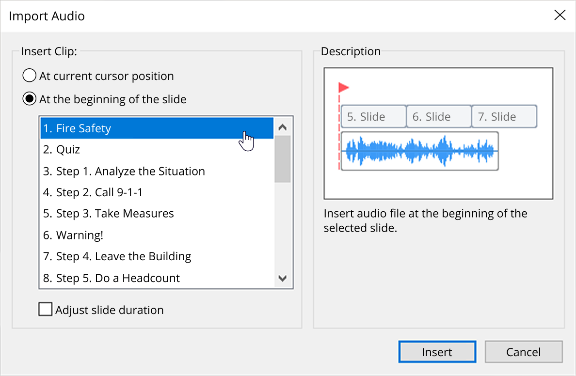 The Import Audio window in iSpring Suite