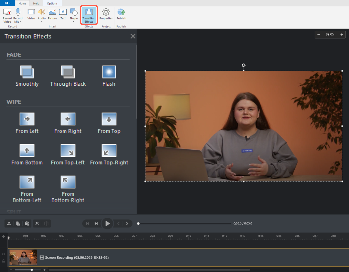 Apply a transition effect to your training video
