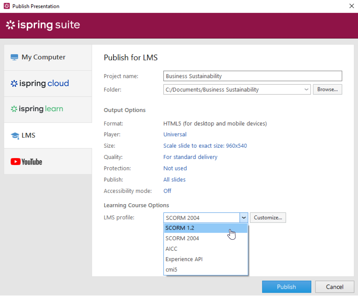 Publishing a SCORM course