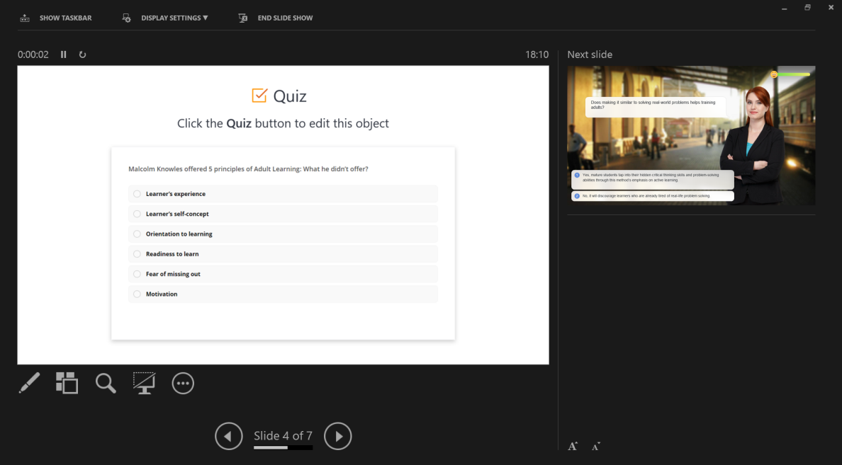 Important points on the current slide of an iSpring quiz
