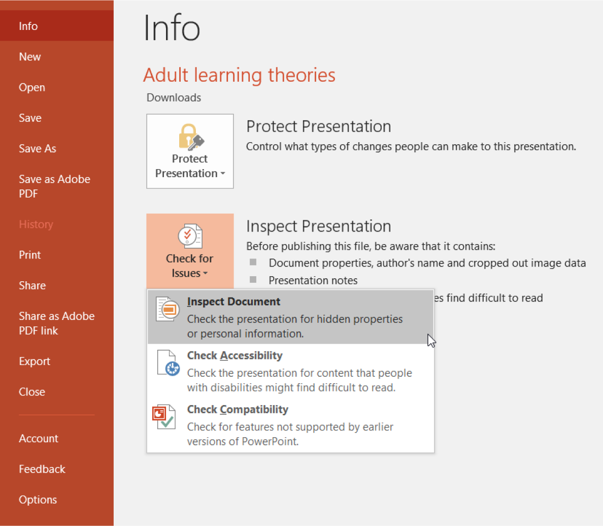 The PowerPoint Inspect Document option