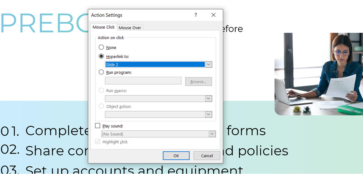 Action Settings window in PowerPoint