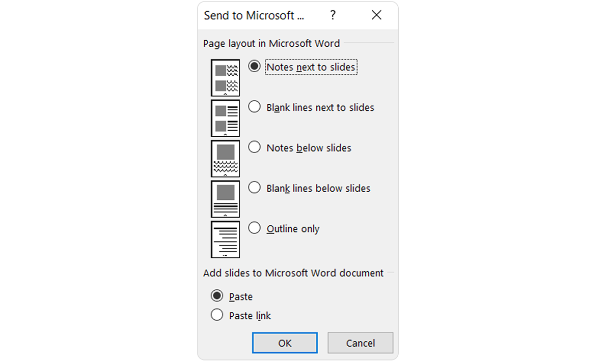 Notes by slides options