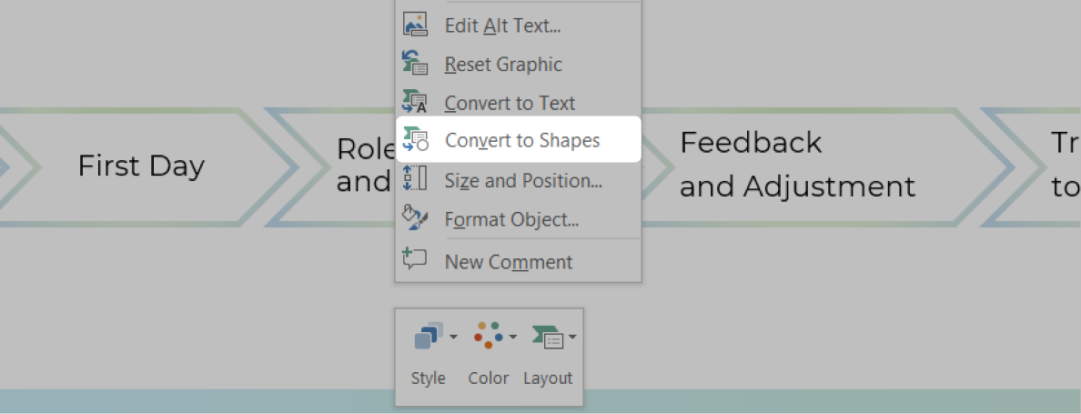 Convert to Shapes right mouse click menu in PowerPoint