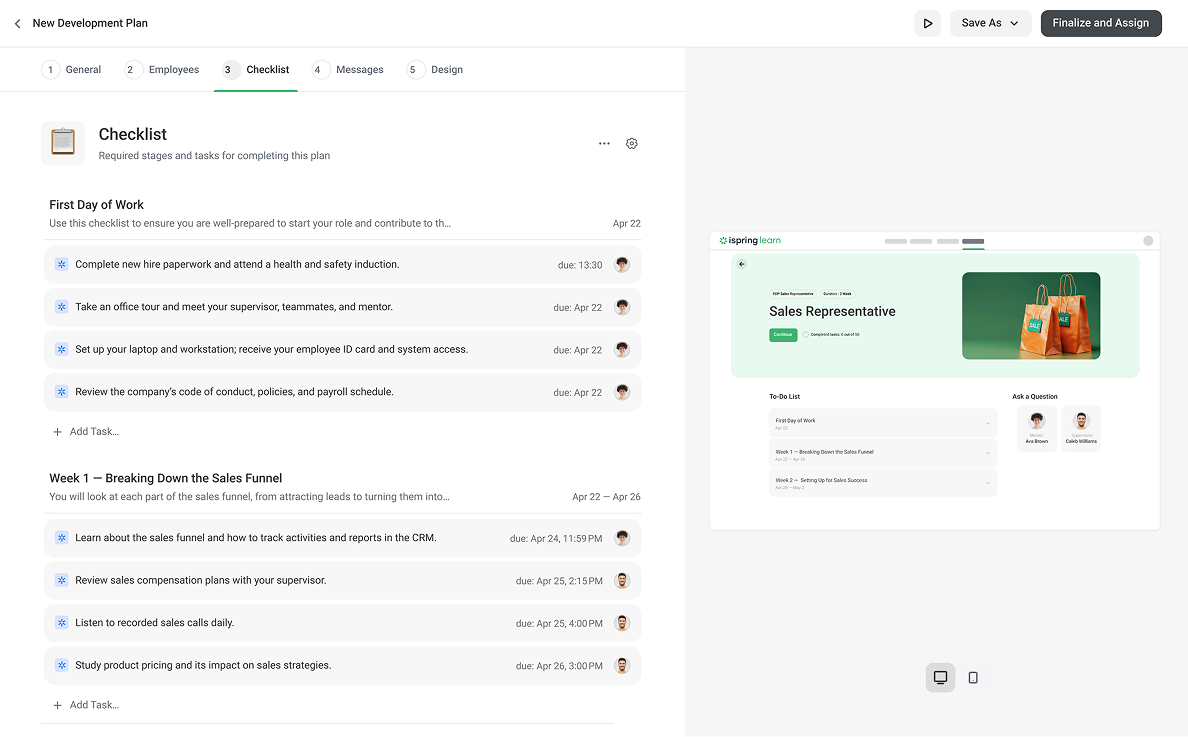Development plans in iSpring Learn