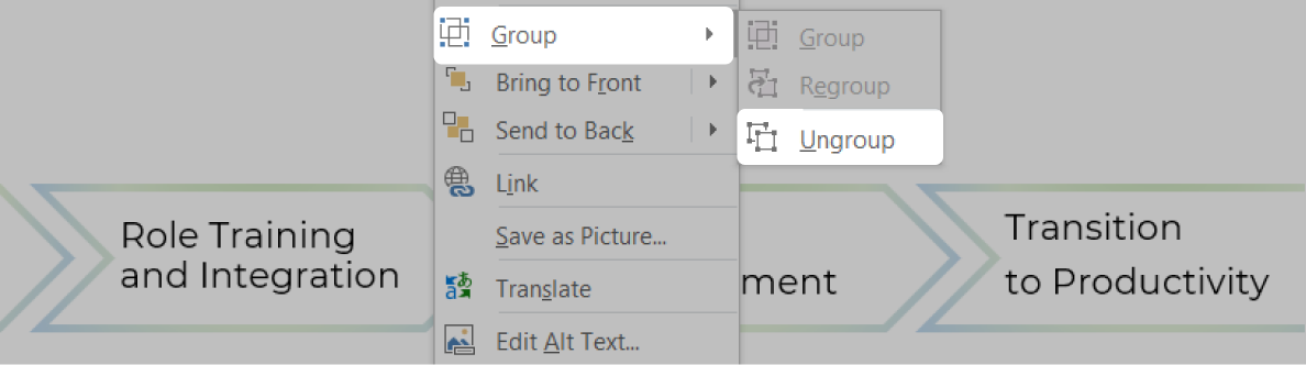 Group > Ungroup right-mouse click menu in PowerPoint for a compound shape