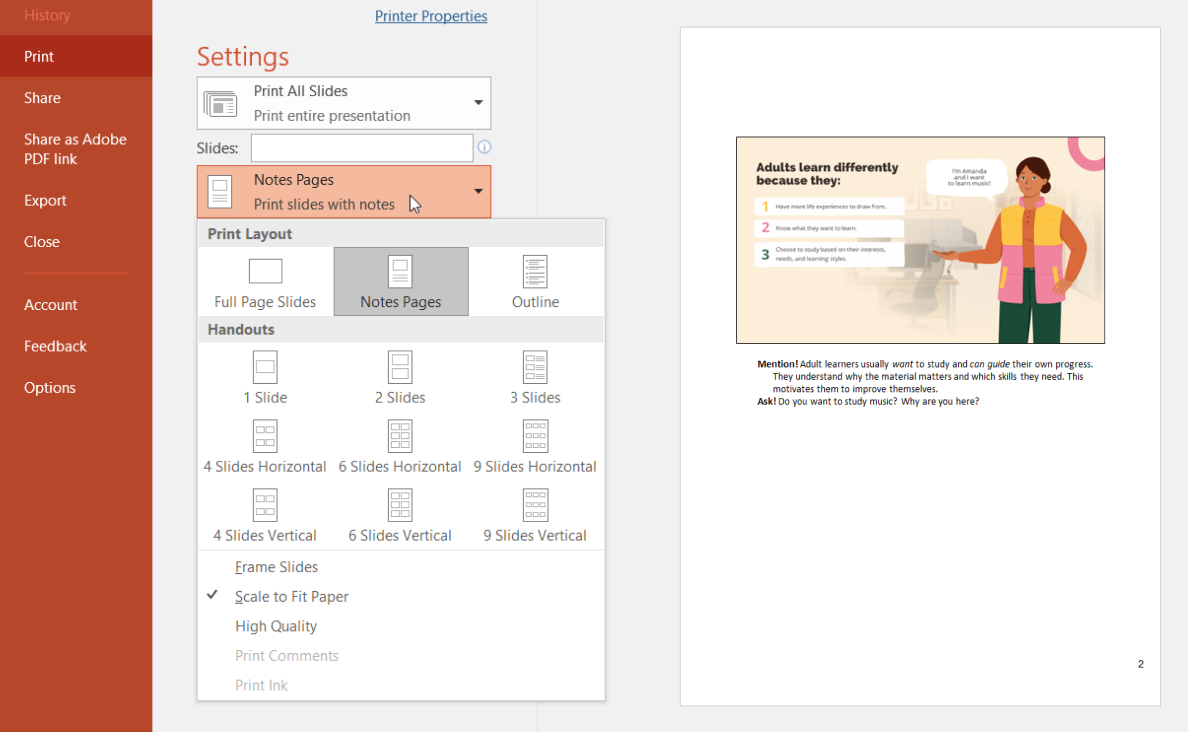 How to print PowerPoint speaker notes