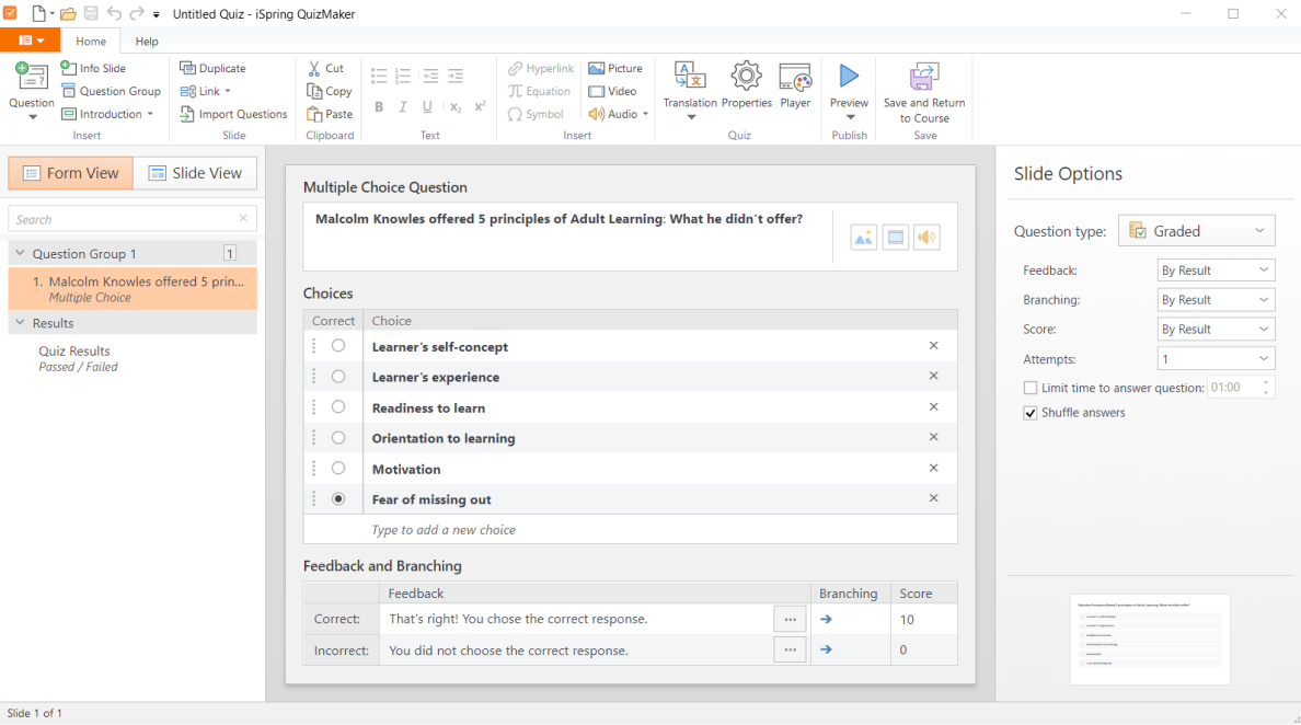 iSpring quiz creation in PowerPoint presentations