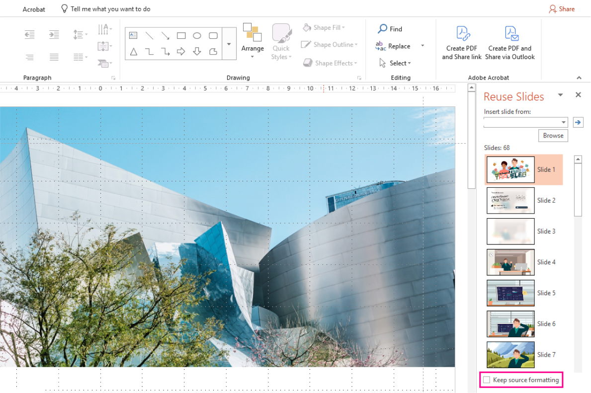 Keep slide formatting with the Reuse Slides feature in PPT.