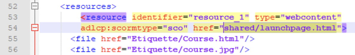 A link to the main HTML file in imsmanifest.xml
