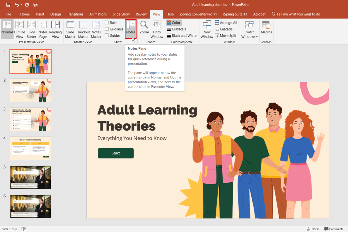 Opening a Note pane in PowerPoint