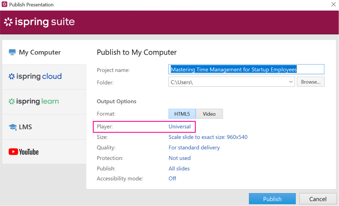 Set up the player when publishing the PPT course as an HTML file with iSpring Suite