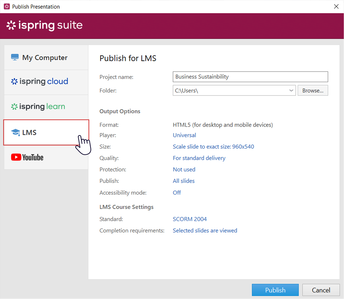 Publish Presentation window in iSpring Suite