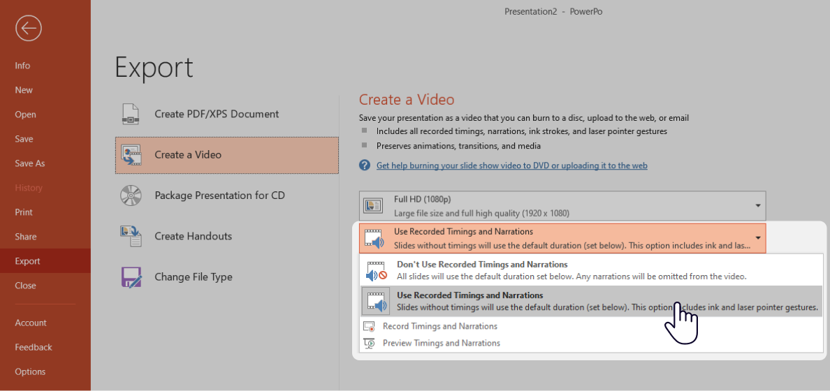 Use Recorded Timings and Narrations option