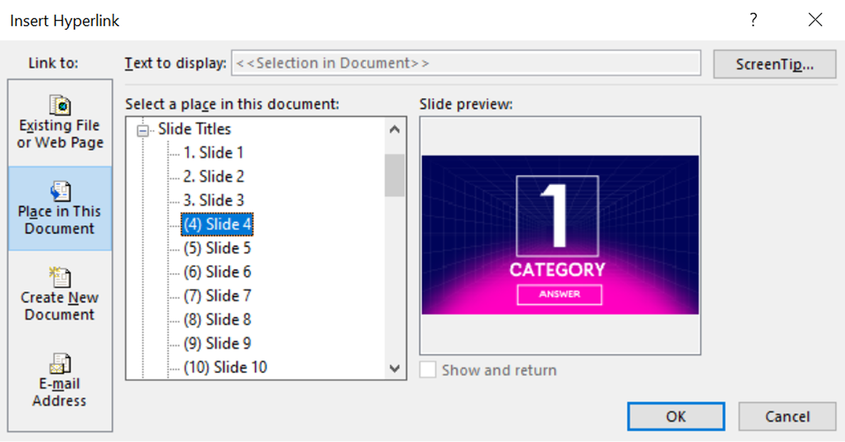 Place in This Document Hyperlink option in PPT