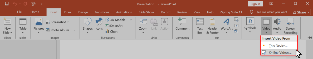 Inserting an online video from YouTube