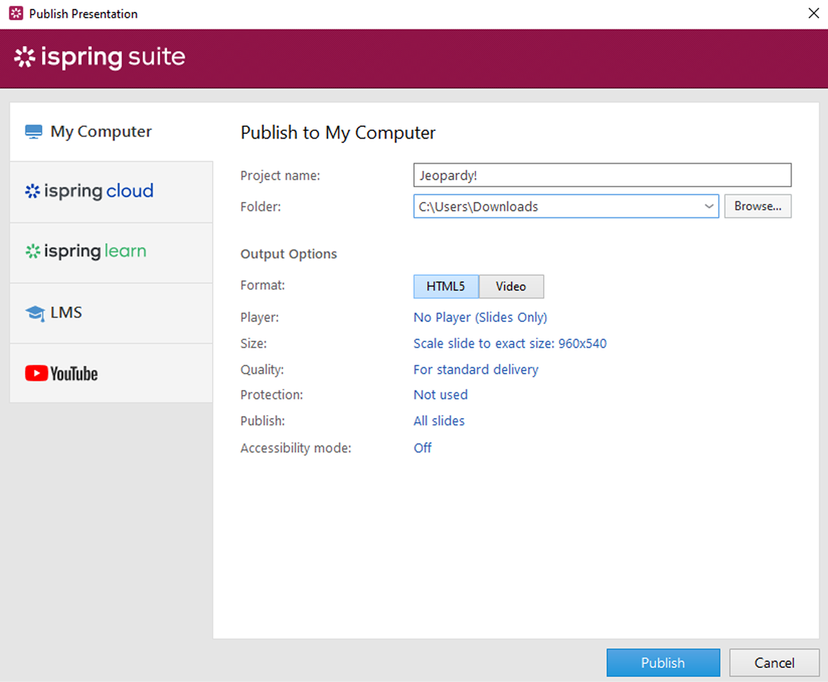 Publish Presentation window