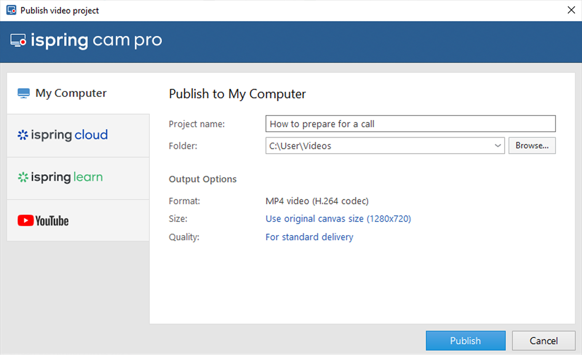 Publishing a video project with iSpring Suite