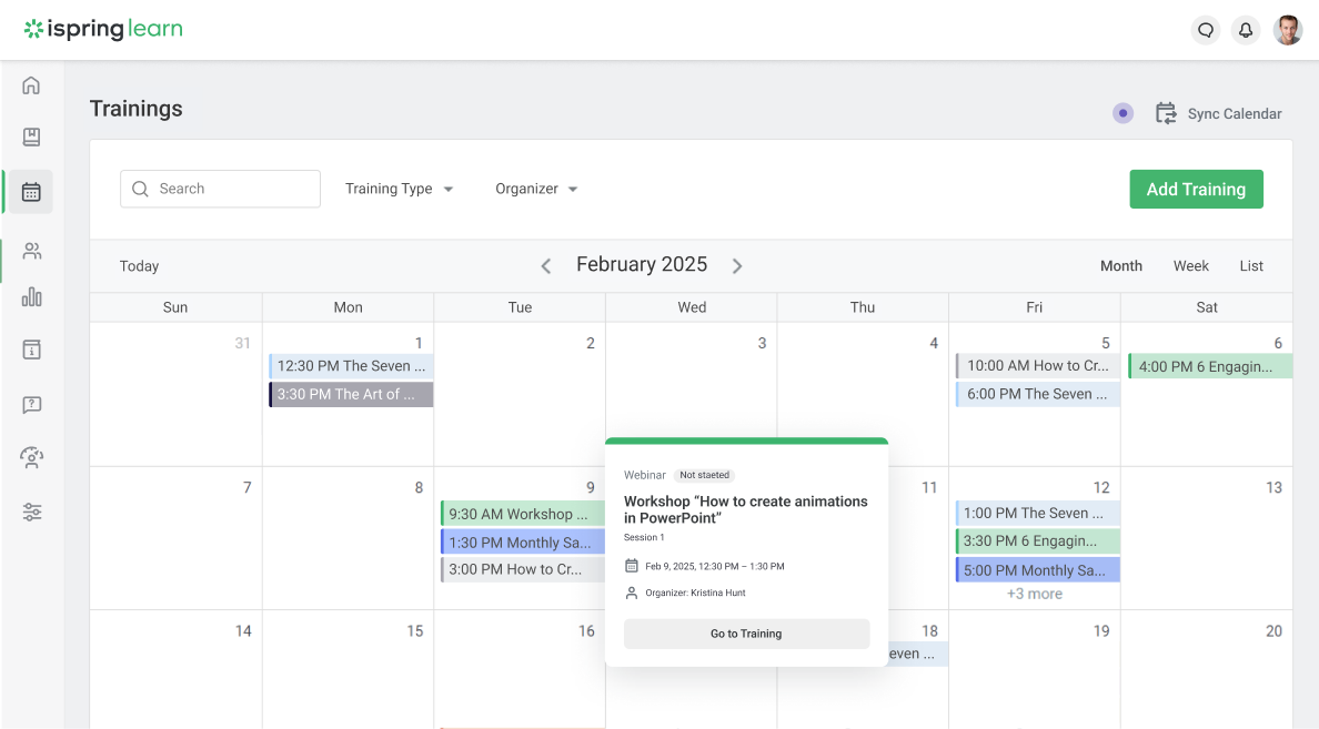 Scheduling training sessions in iSpring Learn