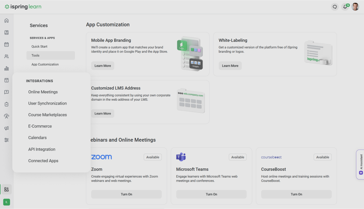 iSpring Learn integrations with third-party tools